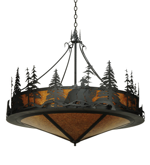 Meyda Lighting Bear at Dusk 58" 12-Light Textured Black Inverted Pendant Light With Amber Mica Shade Glass