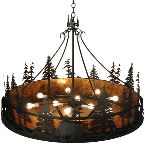 Meyda Lighting Bear at Dusk 58" 12-Light Textured Black Inverted Pendant Light With Amber Mica Shade Glass