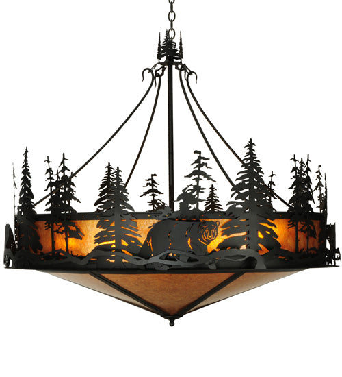 Meyda Lighting Bear at Dusk 58" 12-Light Textured Black Inverted Pendant Light With Amber Mica Shade Glass