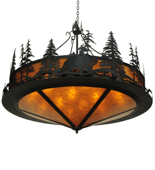 Meyda Lighting Bear at Dusk 58" 12-Light Textured Black Inverted Pendant Light With Amber Mica Shade Glass