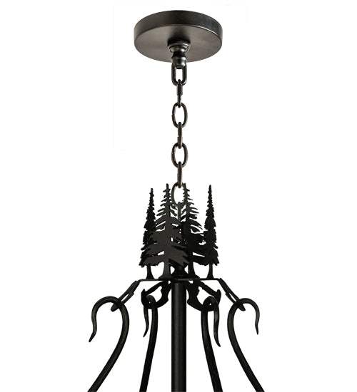 Meyda Lighting Bear at Dusk 58" 12-Light Textured Black Inverted Pendant Light With Amber Mica Shade Glass