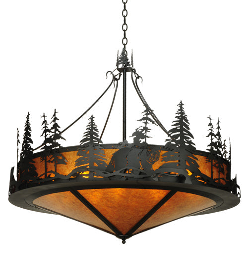 Meyda Lighting Bear at Dusk 58" 12-Light Textured Black Inverted Pendant Light With Amber Mica Shade Glass