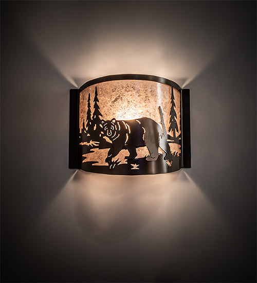 Meyda Lighting Bear at Lake 12" Brown Bronze Left Wall Sconce With Silver Mica Shade Glass