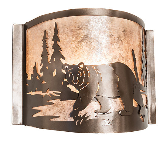 Meyda Lighting Bear at Lake 12" Brown Bronze Left Wall Sconce With Silver Mica Shade Glass