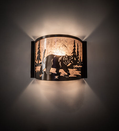 Meyda Lighting Bear at Lake 12" Brown Bronze Right Wall Sconce With Silver Mica Shade Glass