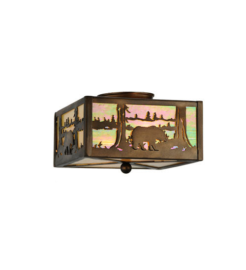 Meyda Lighting Bear at Lake 15" 2-Light Antique Copper Flush Mount Light With Beige Iridescent Shade Glass