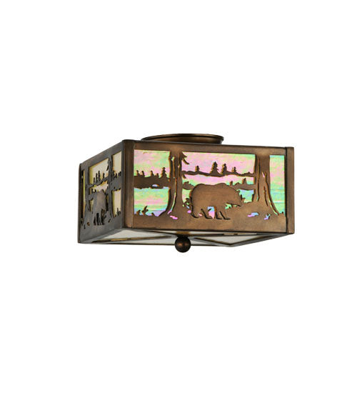 Meyda Lighting Bear at Lake 15" 2-Light Antique Copper Flush Mount Light With Beige Iridescent Shade Glass