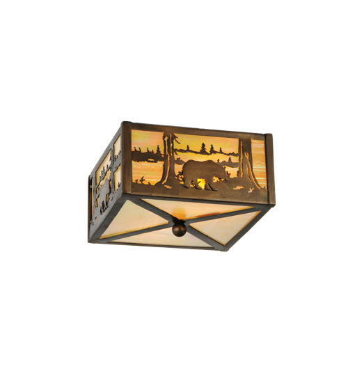 Meyda Lighting Bear at Lake 15" 2-Light Antique Copper Flush Mount Light With Beige Iridescent Shade Glass