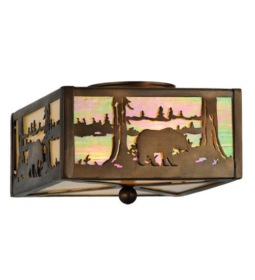 Meyda Lighting Bear at Lake 15" 2-Light Antique Copper Flush Mount Light With Beige Iridescent Shade Glass