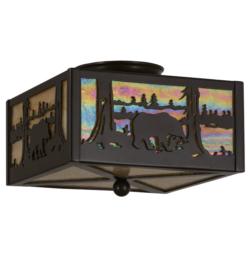 Meyda Lighting Bear at Lake 15" 2-Light Timeless Bronze Flush Mount Light With Beige Iridescent Shade Glass