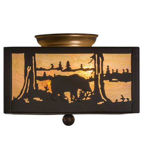 Meyda Lighting Bear at Lake 15" 2-Light Timeless Bronze Flush Mount Light With Beige Iridescent Shade Glass