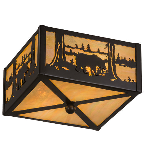 Meyda Lighting Bear at Lake 15" 2-Light Timeless Bronze Flush Mount Light With Beige Iridescent Shade Glass
