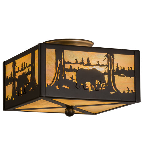 Meyda Lighting Bear at Lake 15" 2-Light Timeless Bronze Flush Mount Light With Beige Iridescent Shade Glass
