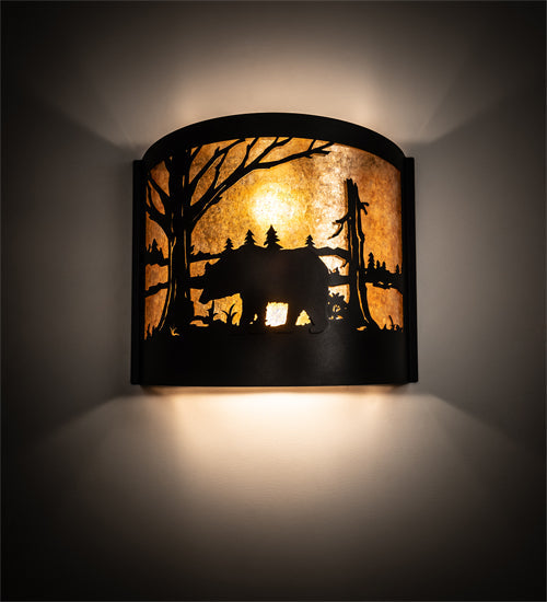 Meyda Lighting Bear at Lake 16" 2-Light Textured Black Wall Sconce With Amber Mica Shade Glass