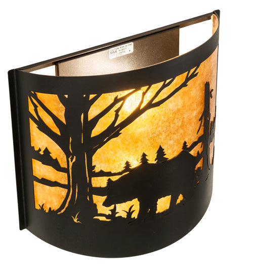 Meyda Lighting Bear at Lake 16" 2-Light Textured Black Wall Sconce With Amber Mica Shade Glass