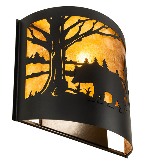 Meyda Lighting Bear at Lake 16" 2-Light Textured Black Wall Sconce With Amber Mica Shade Glass