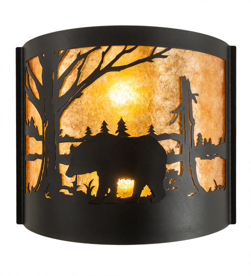 Meyda Lighting Bear at Lake 16" 2-Light Textured Black Wall Sconce With Amber Mica Shade Glass