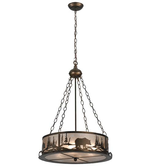Meyda Lighting Bear at Lake 21" 4-Light Antique Copper Inverted Pendant Light With Silver Mica Shade Glass