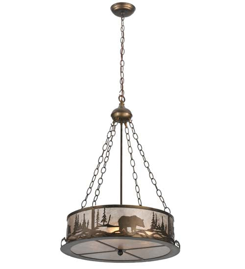 Meyda Lighting Bear at Lake 21" 4-Light Antique Copper Inverted Pendant Light With Silver Mica Shade Glass