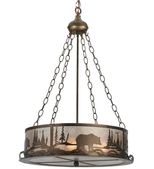 Meyda Lighting Bear at Lake 21" 4-Light Antique Copper Inverted Pendant Light With Silver Mica Shade Glass