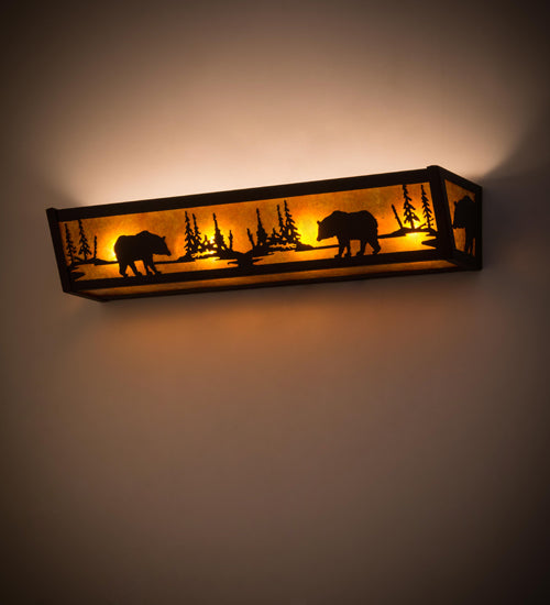 Meyda Lighting Bear at Lake 24" 4-Light Oil Rubbed Bronze Vanity Light With Amber Mica Shade Glass