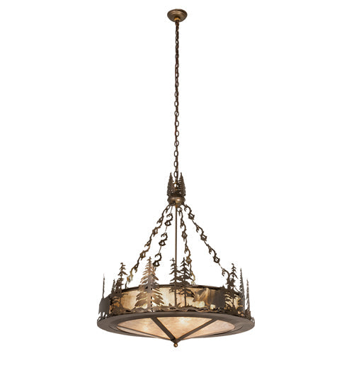 Meyda Lighting Bear at Lake 24" 8-Light Antique Copper Inverted Pendant Light With Silver Mica Shade Glass