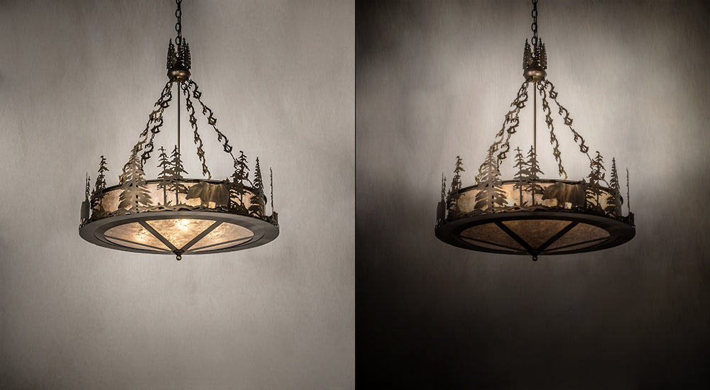 Meyda Lighting Bear at Lake 24" 8-Light Antique Copper Inverted Pendant Light With Silver Mica Shade Glass