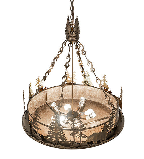Meyda Lighting Bear at Lake 24" 8-Light Antique Copper Inverted Pendant Light With Silver Mica Shade Glass