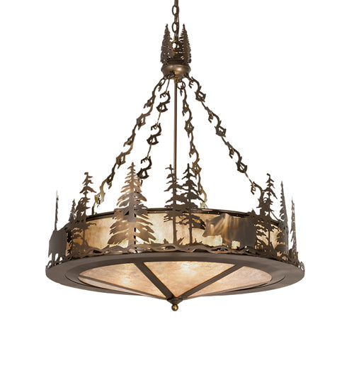 Meyda Lighting Bear at Lake 24" 8-Light Antique Copper Inverted Pendant Light With Silver Mica Shade Glass