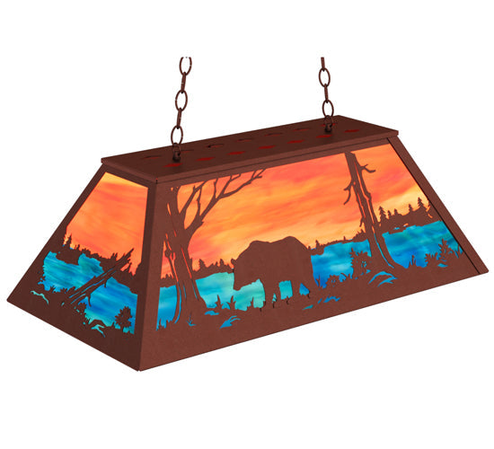 Meyda Lighting Bear at Lake 33" 6-Light Rust Island Pendant Light With Orange & Blue Green Art Shade Glass