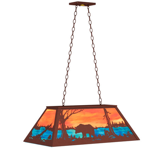 Meyda Lighting Bear at Lake 33" 6-Light Rust Island Pendant Light With Orange & Blue Green Art Shade Glass