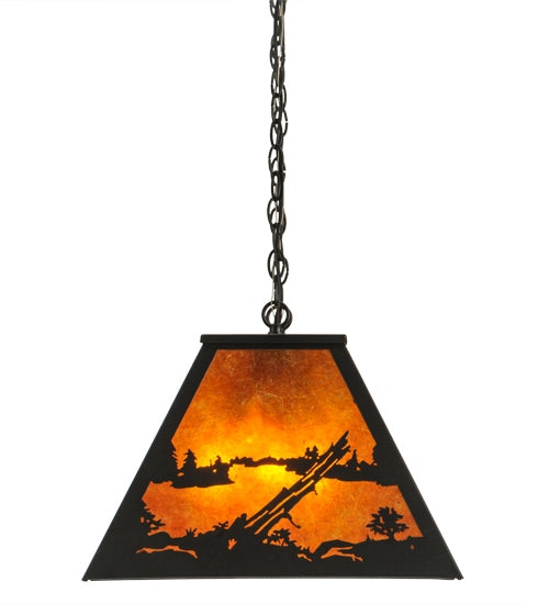 Meyda Lighting Bear at Lake 33" 6-Light Textured Black Island Pendant Light With Amber Mica Shade Glass