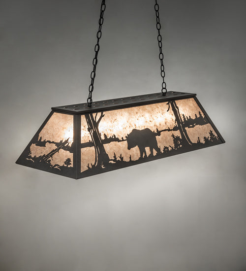 Meyda Lighting Bear at Lake 48" 6-Light Old Wrought Iron Island Pendant Light With Silver Mica Shade Glass