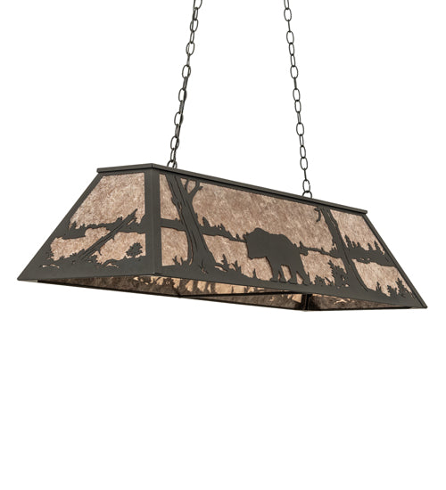 Meyda Lighting Bear at Lake 48" 6-Light Old Wrought Iron Island Pendant Light With Silver Mica Shade Glass