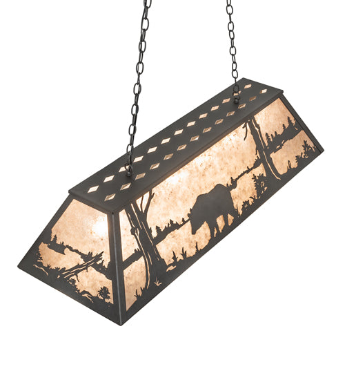 Meyda Lighting Bear at Lake 48" 6-Light Old Wrought Iron Island Pendant Light With Silver Mica Shade Glass