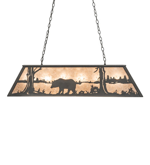 Meyda Lighting Bear at Lake 48" 6-Light Old Wrought Iron Island Pendant Light With Silver Mica Shade Glass