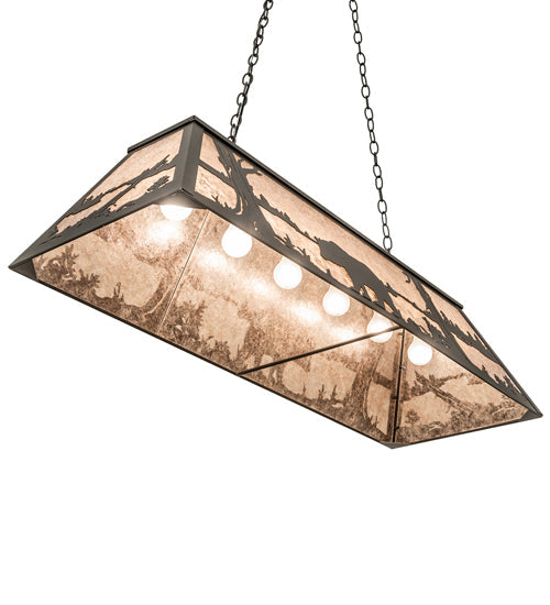 Meyda Lighting Bear at Lake 48" 6-Light Old Wrought Iron Island Pendant Light With Silver Mica Shade Glass