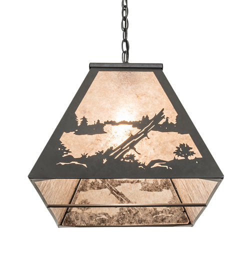 Meyda Lighting Bear at Lake 48" 6-Light Old Wrought Iron Island Pendant Light With Silver Mica Shade Glass