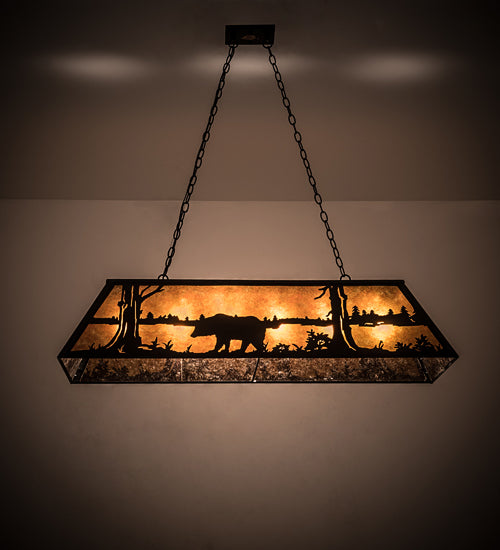Meyda Lighting Bear at Lake 48" 6-Light Textured Black Island Pendant Light With Amber Mica Shade Glass
