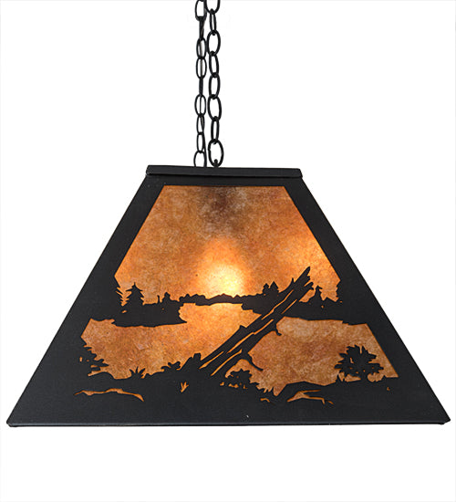 Meyda Lighting Bear at Lake 48" 6-Light Textured Black Island Pendant Light With Amber Mica Shade Glass