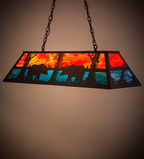 Meyda Lighting Bear at Lake 48" 6-Light Timeless Bronze Island Pendant Light With Orange & Blue Green Shade Glass