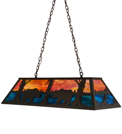 Meyda Lighting Bear at Lake 48" 6-Light Timeless Bronze Island Pendant Light With Orange & Blue Green Shade Glass