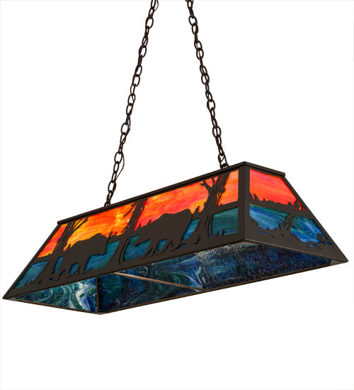 Meyda Lighting Bear at Lake 48" 6-Light Timeless Bronze Island Pendant Light With Orange & Blue Green Shade Glass