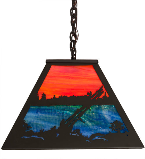 Meyda Lighting Bear at Lake 48" 6-Light Timeless Bronze Island Pendant Light With Orange & Blue Green Shade Glass