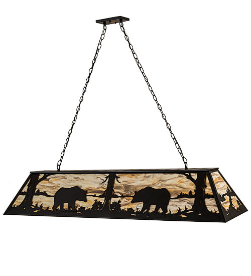 Meyda Lighting Bear at Lake 60" 9-Light Black Satin Wrought Iron Island Pendant Light With Travertine Idalight Shade