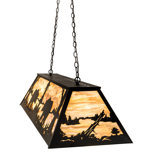 Meyda Lighting Bear at Lake 60" 9-Light Black Satin Wrought Iron Island Pendant Light With Travertine Idalight Shade