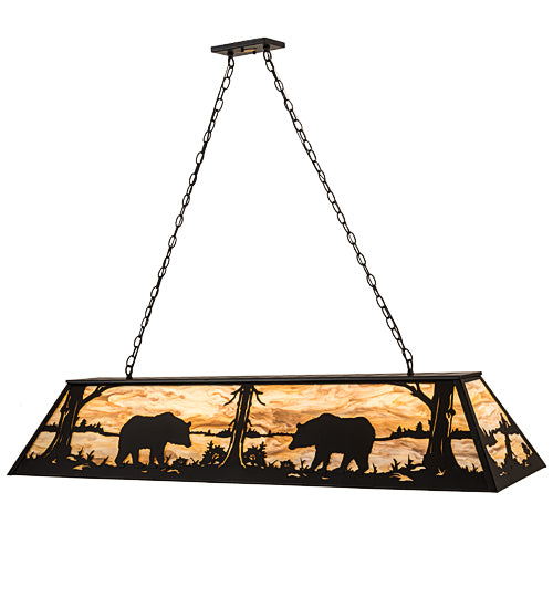 Meyda Lighting Bear at Lake 60" 9-Light Black Satin Wrought Iron Island Pendant Light With Travertine Idalight Shade