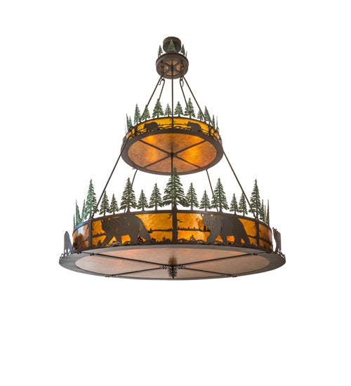 Meyda Lighting Bear in the Woods 72" 12-Light 2-Tier Timeless Bronze & Green Trees Inverted Pendant Light With Amber Mica Shade Glass