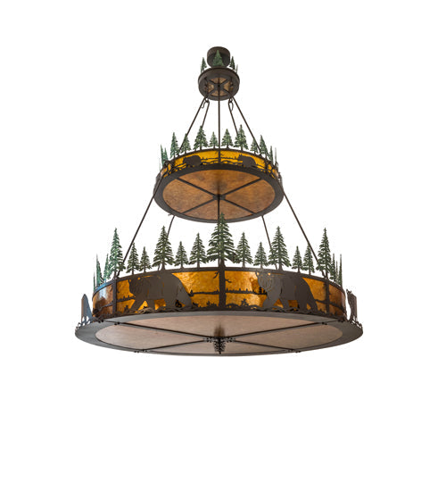 Meyda Lighting Bear in the Woods 72" 12-Light 2-Tier Timeless Bronze & Green Trees Inverted Pendant Light With Amber Mica Shade Glass