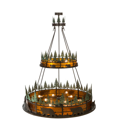 Meyda Lighting Bear in the Woods 72" 12-Light 2-Tier Timeless Bronze & Green Trees Inverted Pendant Light With Amber Mica Shade Glass